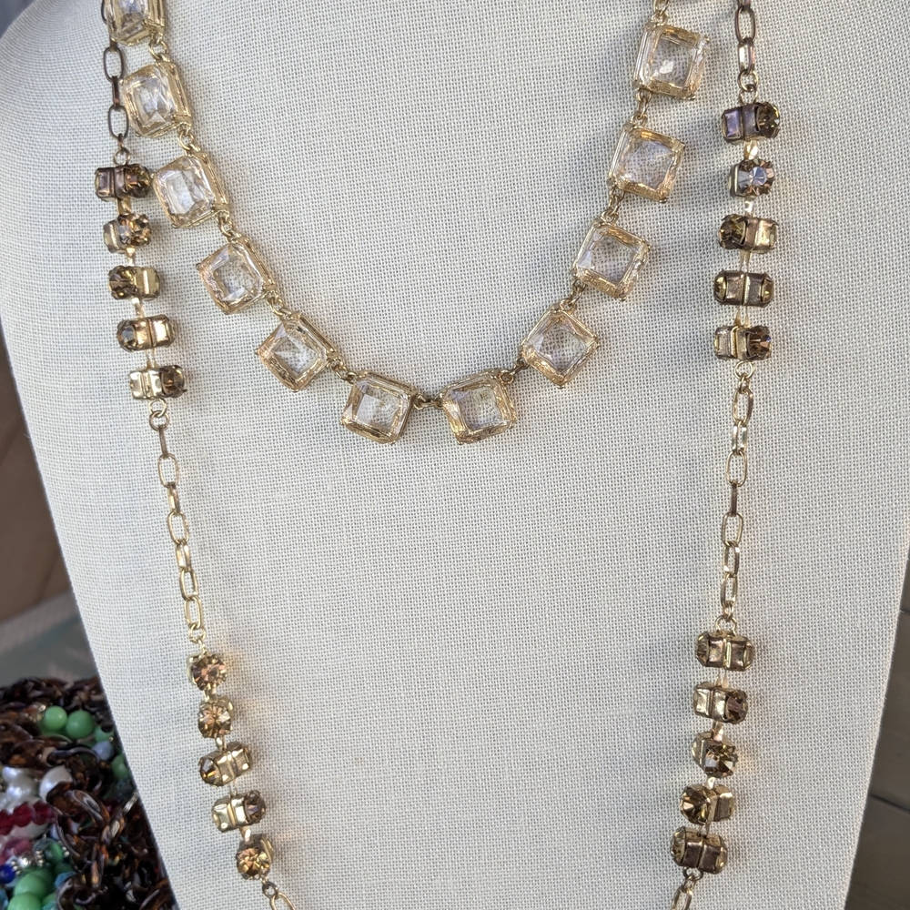2 Vintage Gold Tone Layered Necklaces Champagne Glass Crystal Square Link Set - Picture 2 of 12